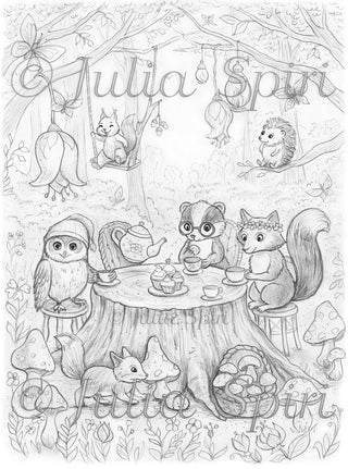 Grayscale Coloring Page. Owl, Raccoon, Fox, Squirrel, Hedgehog at the Forest Tea Party. Magical Woodland Picnic