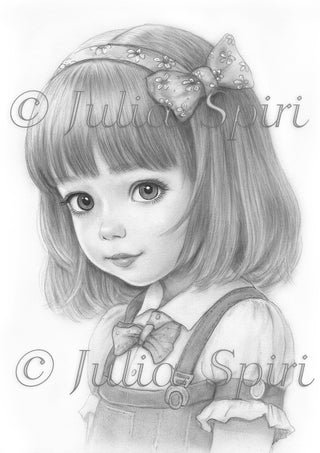 Page de coloriage en niveaux de gris, Portrait mignon de petite fille. Maisie