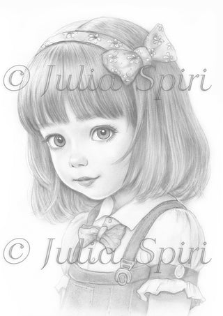 Page de coloriage en niveaux de gris, Portrait mignon de petite fille. Maisie