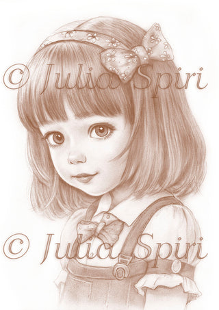 Grayscale Coloring Page, Cute Little Girl Portrait. Maisie