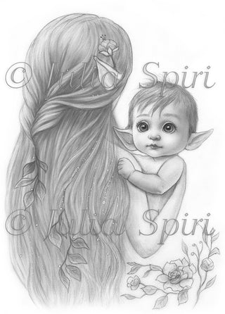 Page de coloriage en niveaux de gris, Joli bébé elfe et sa maman. L'étreinte aimante de maman elfe