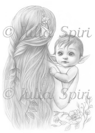 Grayscale Coloring Page, Cute Baby Elf and his Mama. Mama Elf's Loving Embrace