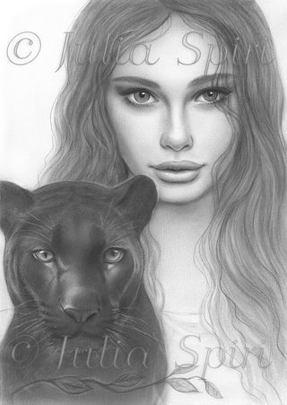 Grayscale Coloring Page, Beautiful Women with Pather. Mei and Panther