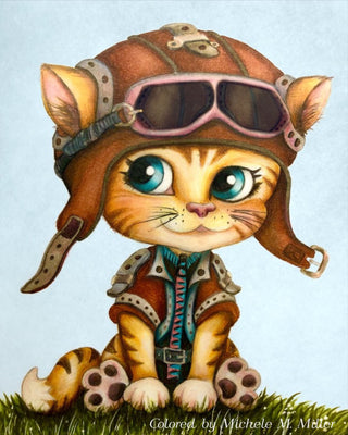 Steampunk Coloring Page, Fantasy, Whimsy Cat. Aviator Cat
