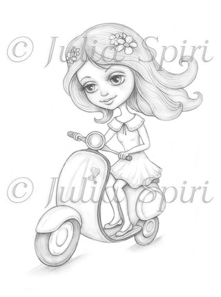 Coloring Page, Travel Girl on a Scooter. Mila