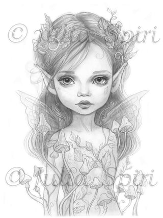 Grayscale Coloring Page. Mushroom Grove Fairy