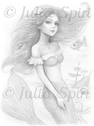 Página para colorear en escala de grises, Sirena de fantasía. Sirena Nerine
