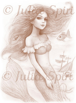 Grayscale Coloring Page, Fantasy Mermaid. Nerine Mermaid