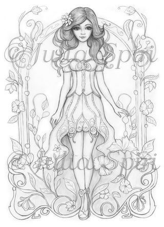 Page de coloriage en niveaux de gris, Whimsy, Fantasy Girl avec cadre de style Nouveau. Nouveau Chic