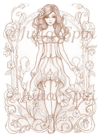 Grayscale Coloring Page, Whimsy, Fantasy Girl with Nouveau style frame. Nouveau Chic