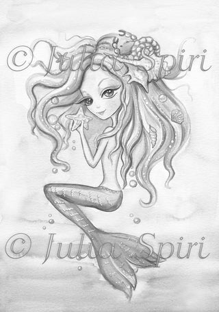 Grayscale Coloring Page, Little Mermaid in Ocean. Oceania Mermaid