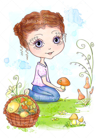 Coloring page, Whimsy Girl. Picking mushrooms