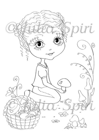 Coloring page, Whimsy Girl. Picking mushrooms