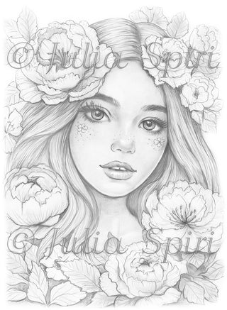 Grayscale Coloring Page, Fantasy Girl. Portrait of a Peony Enchantress