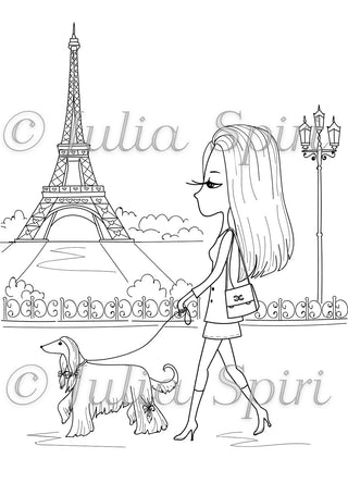 Coloring, Parisian Girl and Dog. Promenade in Paris