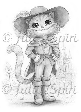 Grayscale Coloring Page, Fairy Tale Cat. Puss in Boots