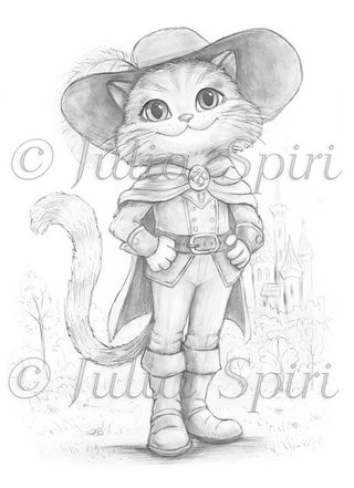 Grayscale Coloring Page, Fairy Tale Cat. Puss in Boots