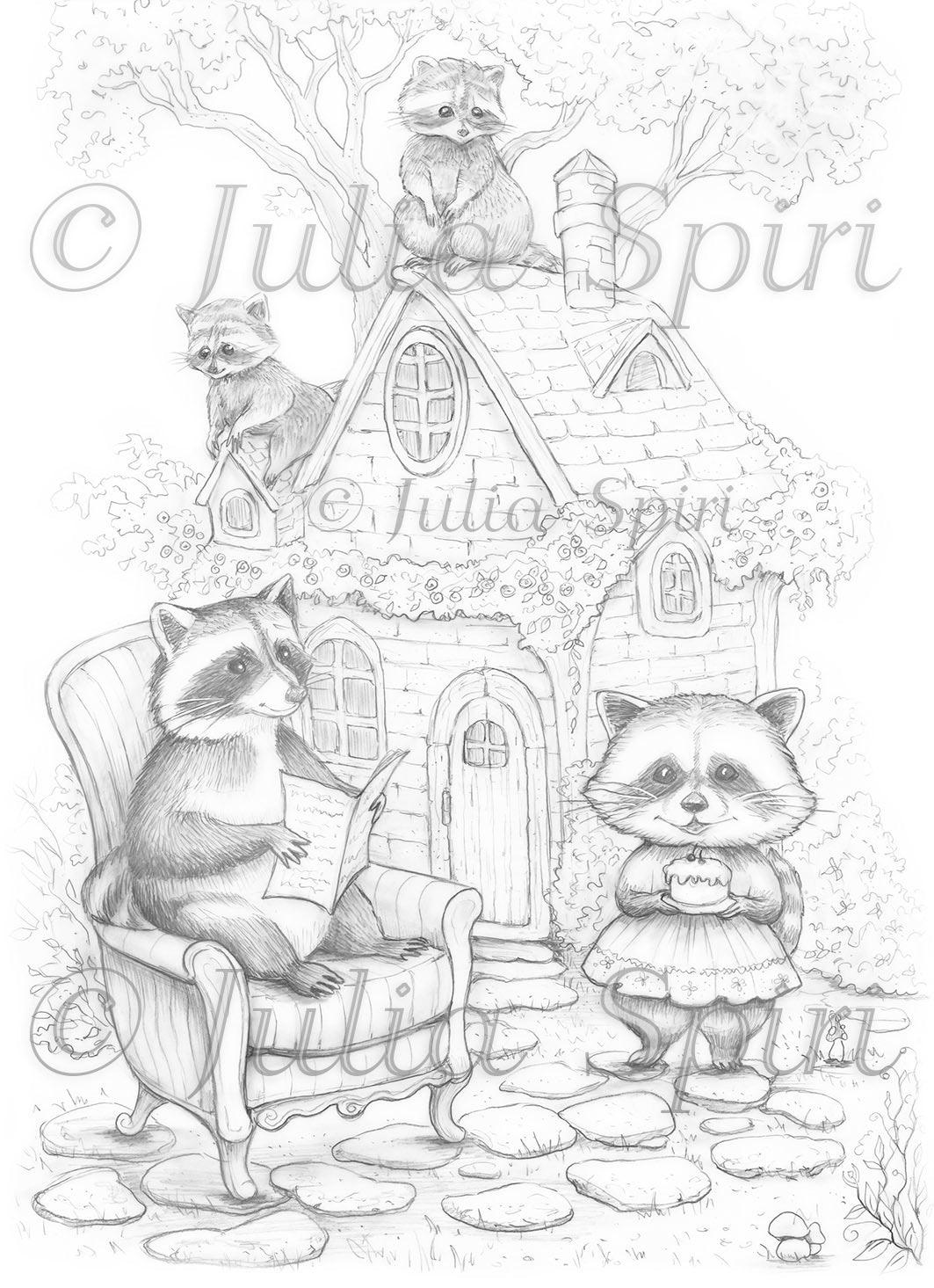 Grayscale Coloring Page, Fun Animals. Raccoon Family – The Art of Julia Spiri grayscale-coloring-page-fun-animals-raccoon-family-the-art-of-julia-spiri