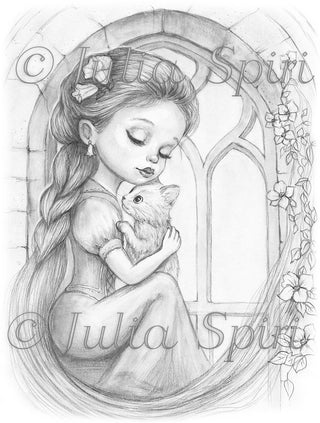 Grayscale Coloring Page, Fairy Tale Princess. Rapunzel