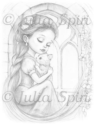 Grayscale Coloring Page, Fairy Tale Princess. Rapunzel