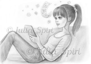 Page de coloriage en niveaux de gris, fille regardant au téléphone. Défilement sur le téléphone