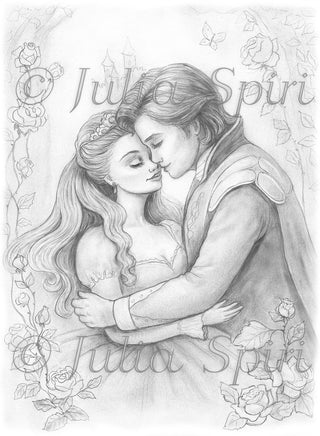 Grayscale Coloring Page, The Prince and the Sleeping Beauty. Sleeping Beauty’s Awakening