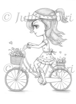 Coloring Page, Travel Girl on a Bicycle. Sophia