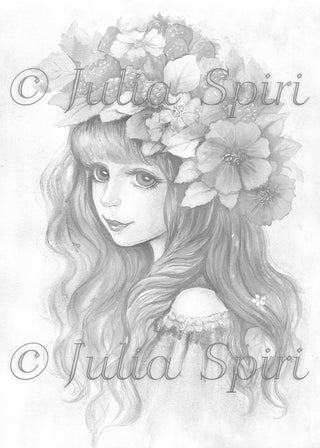 Página para colorear en escala de grises, Retrato de niña de fantasía con fresa y frambuesa. Vibras de verano