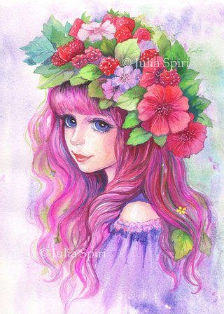 Page de coloriage en niveaux de gris, Portrait de fille fantastique à la fraise et à la framboise. Ambiance estivale