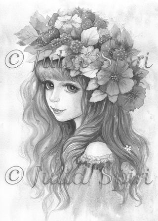 Page de coloriage en niveaux de gris, Portrait de fille fantastique à la fraise et à la framboise. Ambiance estivale