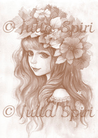 Grayscale Coloring Page, Fantasy Girl Portrait with Strawberry and Raspberry. Summer Vibes
