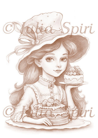 Página para colorear en escala de grises, Chica caprichosa con pasteles. Dulce tentación
