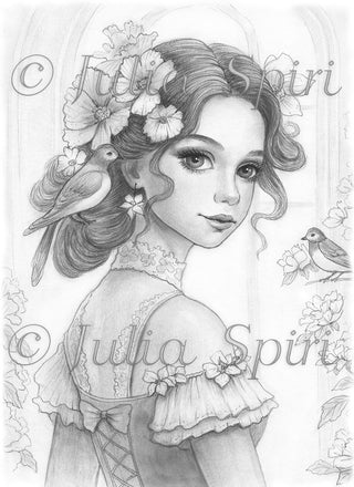 Grayscale Coloring Page, Beautiful Girl and Birds. The Birdsong Muse