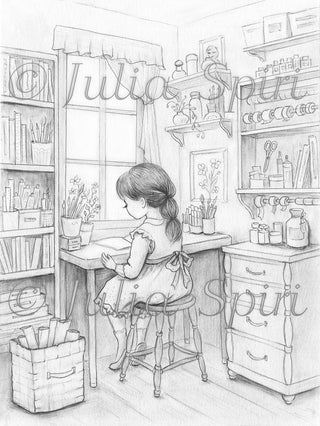 Grayscale Coloring Page, Girl in Crafting Room. The Crafting Corner