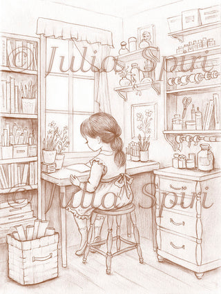 Grayscale Coloring Page, Girl in Crafting Room. The Crafting Corner
