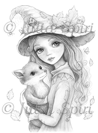 Grayscale Coloring Page. Whimsical Girl with Fox in Autumn Forest. The Fey and the Fox