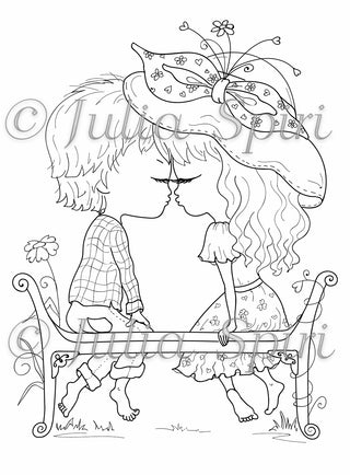 Coloring page, Boy and Girl in Love. The First Kiss - The Art of Julia Spiri