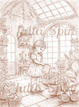 Grayscale Coloring Page, Girl Watering Flowers. The GreenHouse