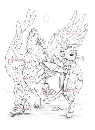 Coloring Page, Alice in Wonderland Creatures. The Gryphon and the Mock Turtle