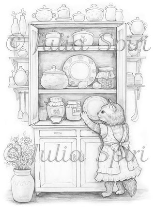 Grayscale Coloring Page, Whimsy Cat and a Kitchen Cabinet. The Mistress of the Kitchen