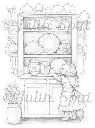 Grayscale Coloring Page, Whimsy Cat and a Kitchen Cabinet. The Mistress of the Kitchen