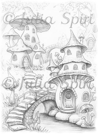 Grayscale Coloring Page, Fantasy Mushrooms. The Mushroom Village