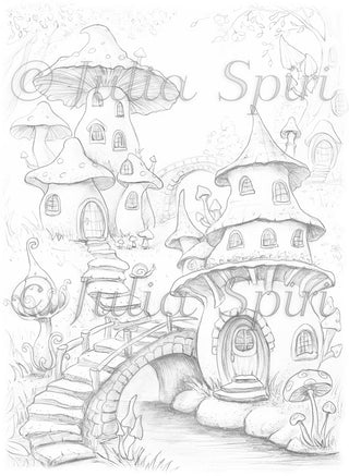 Grayscale Coloring Page, Fantasy Mushrooms. The Mushroom Village