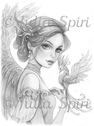 Grayscale Coloring Page, Fairy Tale. The Phoenix Keeper Fairy