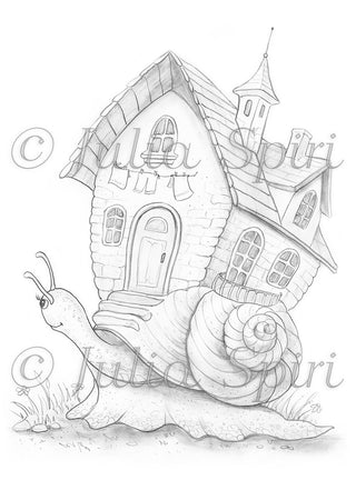 Grayscale Coloring Page, Whimsy, Fun Drawing. The Snail House