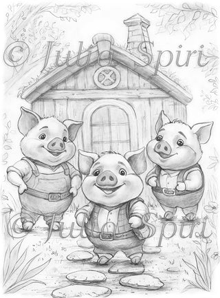 Grayscale Coloring Page, Fairy Tale. The Three Little Pigs