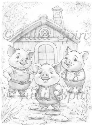 Grayscale Coloring Page, Fairy Tale. The Three Little Pigs