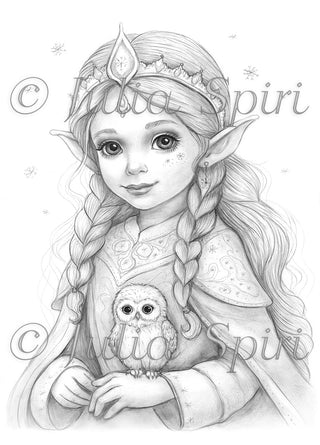 Grayscale Coloring Page, Whimsy Elf Girl. The Winter Elf and Her Baby Owl