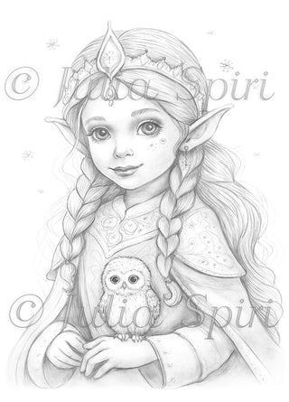 Grayscale Coloring Page, Whimsy Elf Girl. The Winter Elf and Her Baby Owl