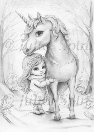Grayscale Coloring Page. The Winter Unicorn and Little Whimsy